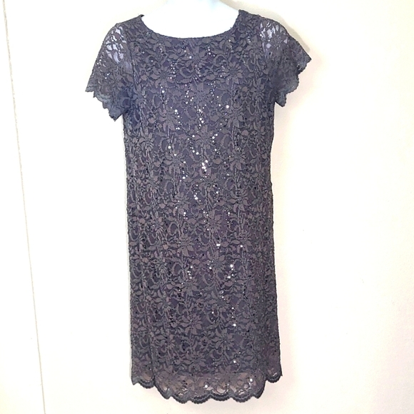 Tiana B. Dresses & Skirts - Tiana B Gray Lace Sequin Cocktail Dress XL Short Sleeve Midi Wedding Holiday